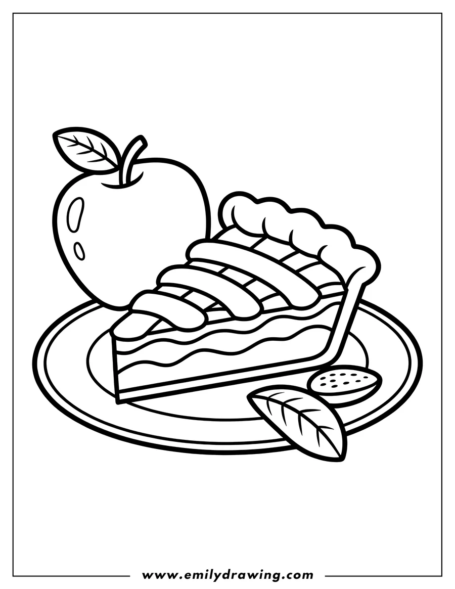Line art illustration of a wedge of lattice-top pie served on a round plate, positioned next to a whole apple decorated with a leaf.