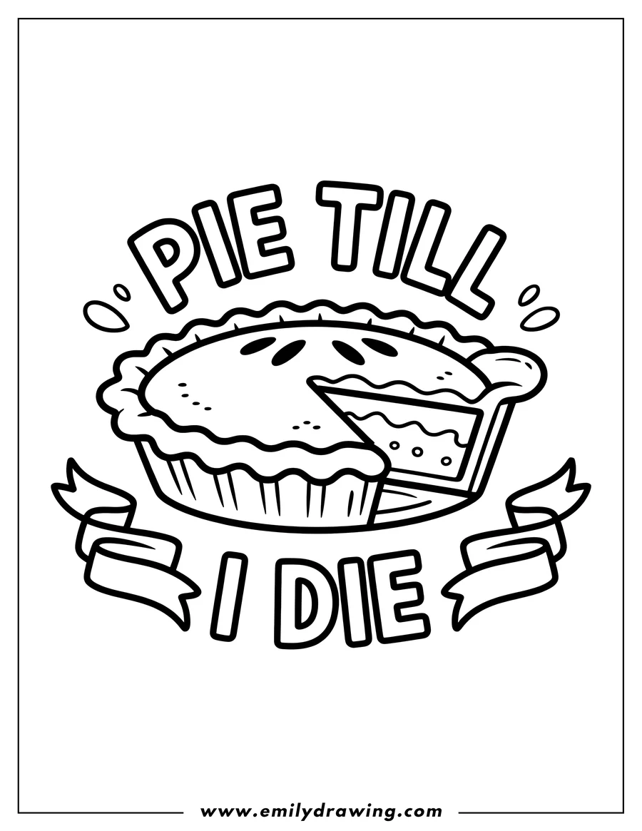 Line art illustration of a whole pie on a dish, with one slice removed to show the filling. A decorative banner wraps around the pie featuring the text slogan
