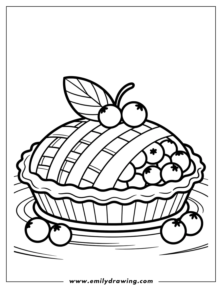 Outline of a whole pie with a lattice crust, topped with a leaf and fresh berries, presented on a circular plate.