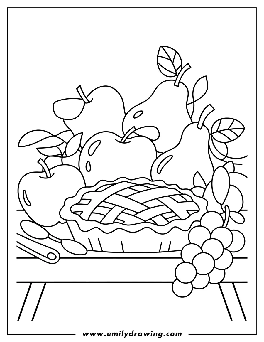 Line art illustration of a freshly baked lattice-crust pie surrounded by a still life arrangement of harvest fruits including apples, pears, and a bunch of grapes, all resting on a table.