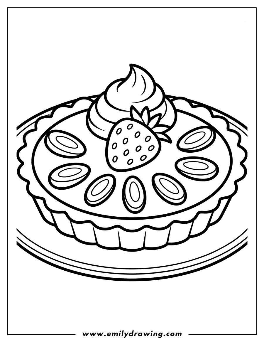 Outline of a detailed dessert pie or tart on a plate, featuring a large strawberry and a swirl of whipped cream on top.