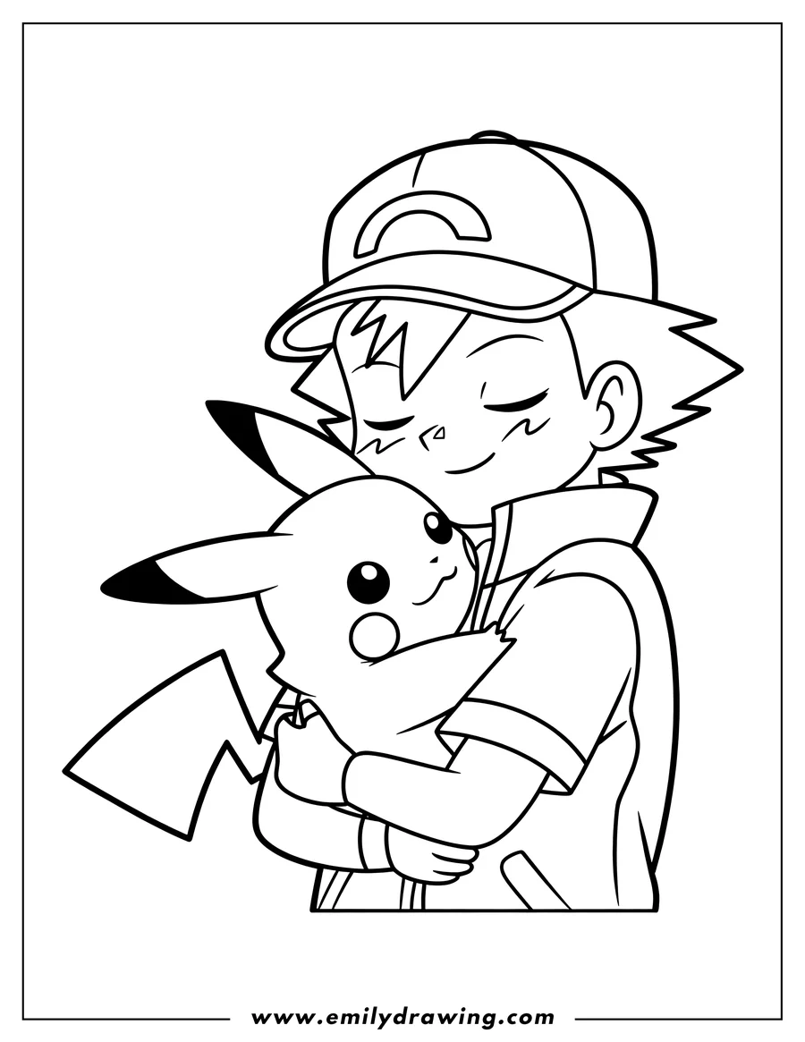 Line art of Ash Ketchum wearing a hat and happily hugging his best friend Pikachu with his eyes closed in contentment.