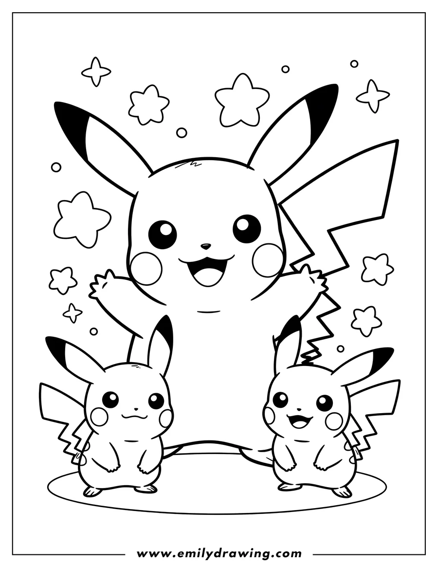Outline of a large, happy Pikachu with arms spread wide, surrounded by floating stars and circles. Below, two smaller baby Pikachus stand smiling.