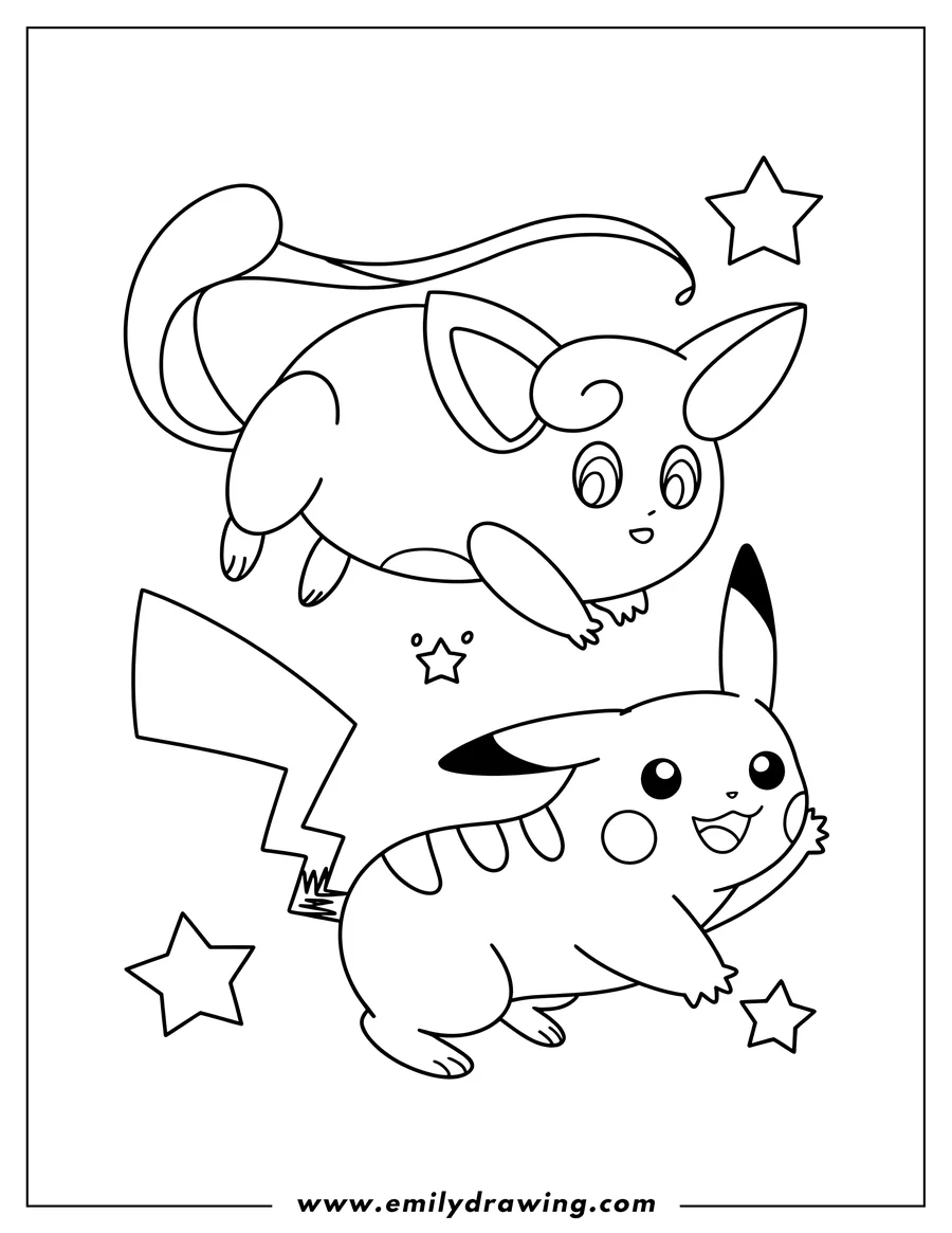 Outline of Pikachu waving happily next to Clefairy, both surrounded by small stars.