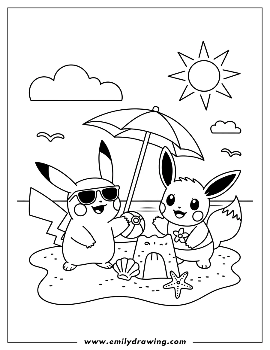 Outline of Pikachu wearing sunglasses and holding a beach ball, standing next to Eevee who is building a sandcastle on a sunny beach with an umbrella and ocean in the background.