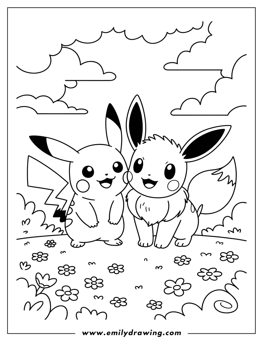 Outline of Pikachu and Eevee standing side-by-side in a field with flowers and clouds in the background.