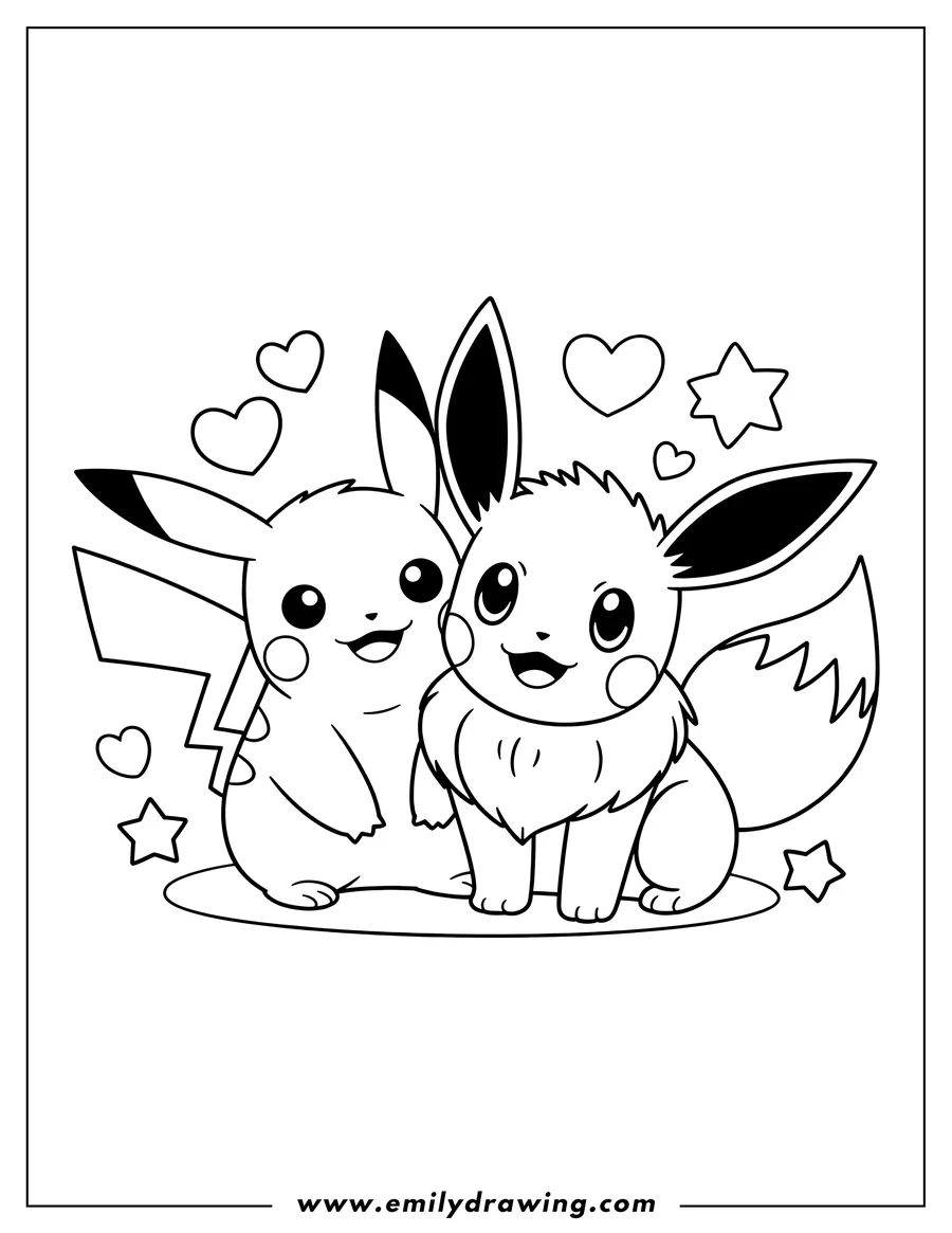 Outline of Pikachu and Eevee side-by-side with hearts and stars floating around them, both smiling happily