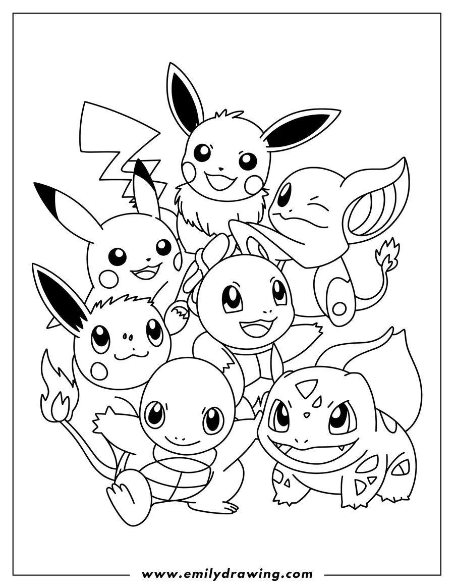Outline of a group of Pokémon characters including Pikachu, Eevee, Squirtle, Charmander, and Bulbasaur, all smiling together.