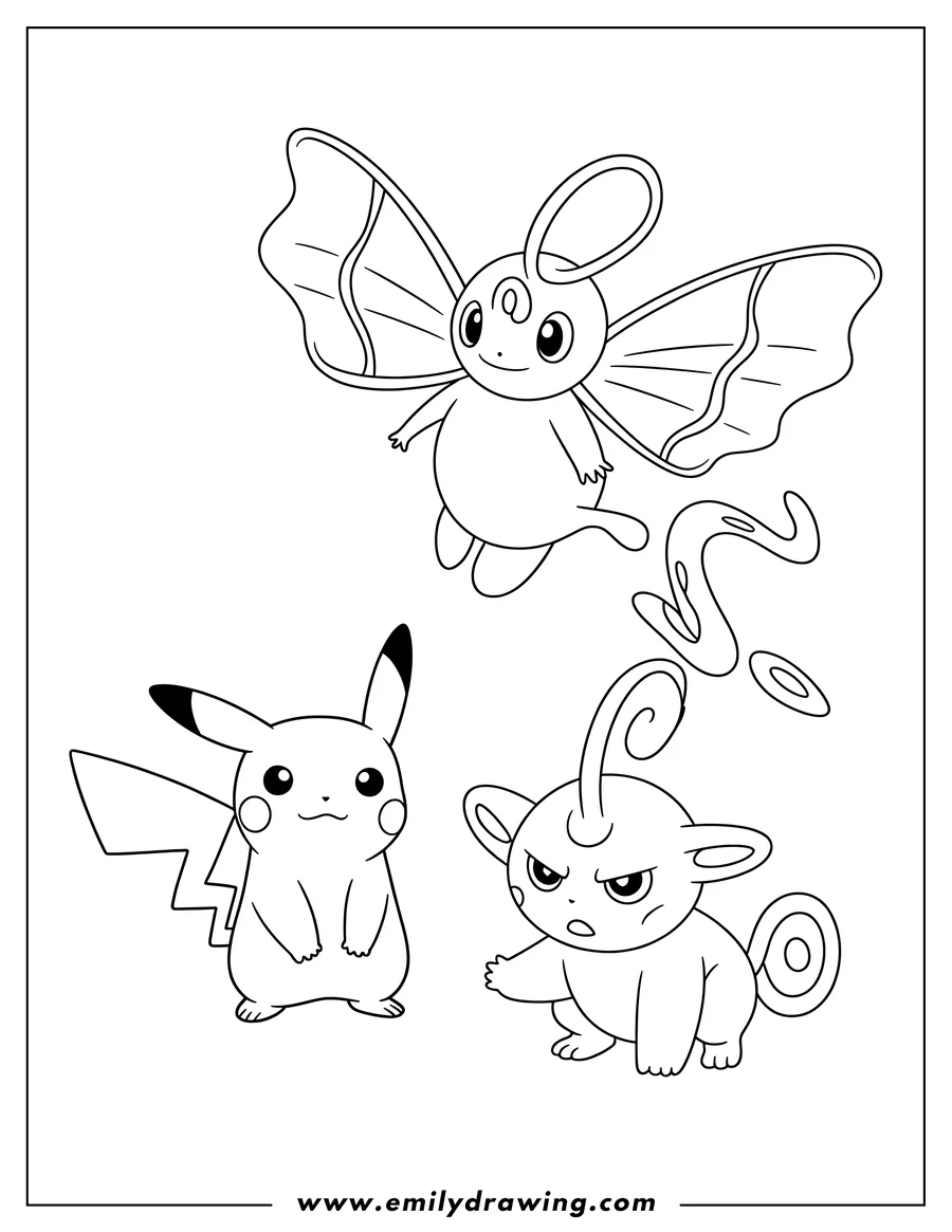 Line art of three Pokemon characters, including Pikachu, a winged Pokemon, and a small grumpy-looking Pokemon.