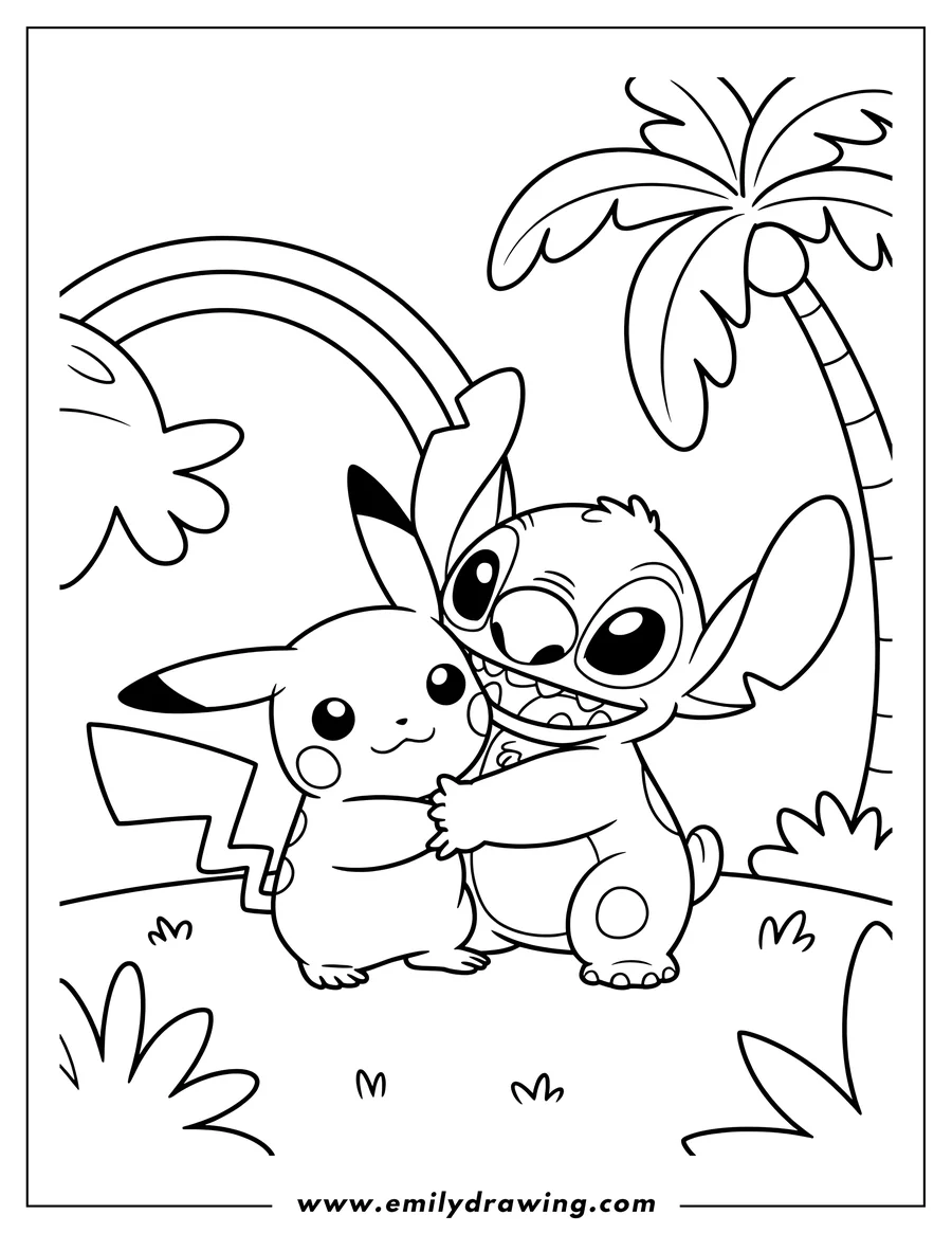 Line art of Pikachu and Stitch hugging under a rainbow, with a palm tree and grass in the background