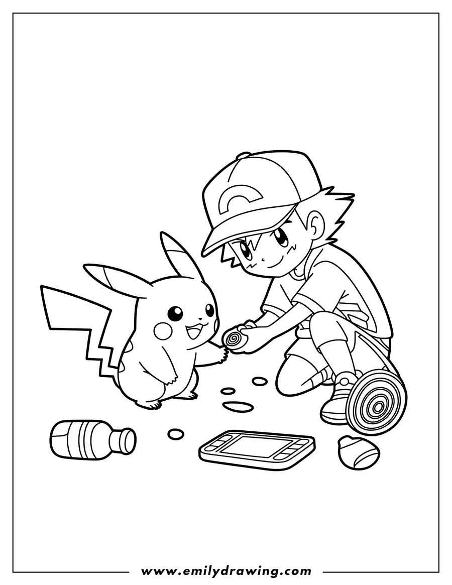 Outline of Pikachu looking happy with a trainer kneeling and offering a toy, with other small objects on the ground.
