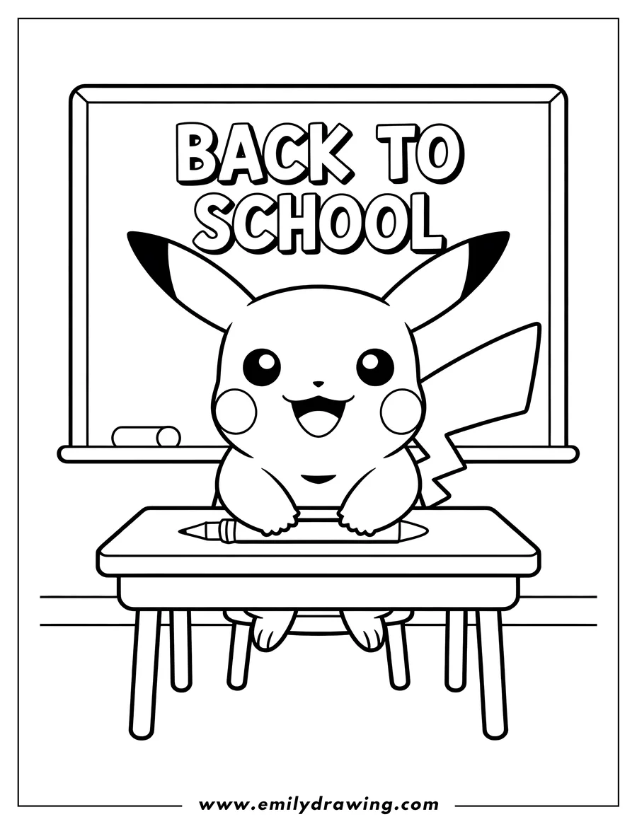 Outline of Pikachu sitting at a school desk with a pencil, in front of a blackboard that reads 'BACK TO SCHOOL'