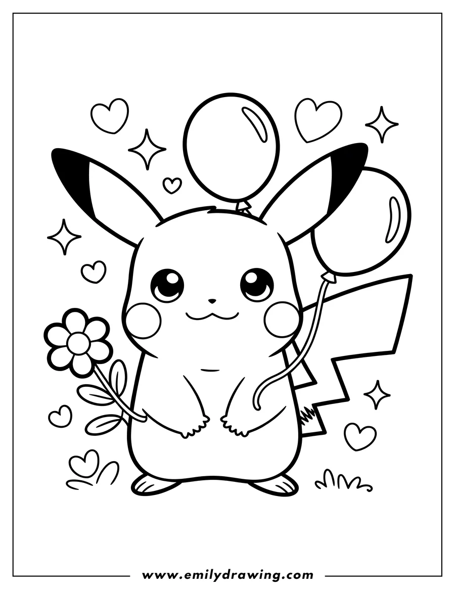 Outline of Pikachu holding a flower, with two balloons floating nearby, surrounded by hearts and stars.