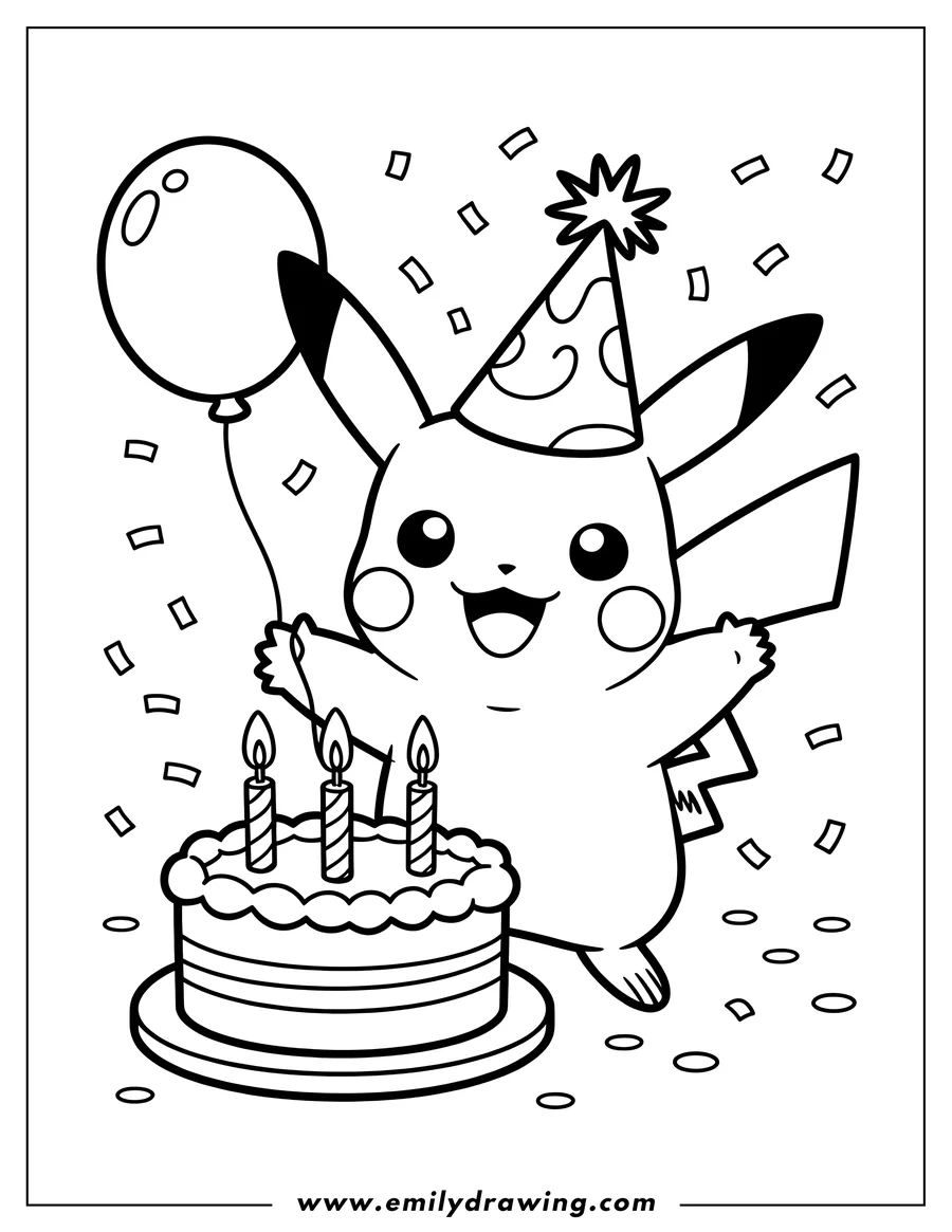 Line art of a happy Pikachu wearing a party hat, holding a balloon, with a birthday cake with three lit candles, and confetti falling around.