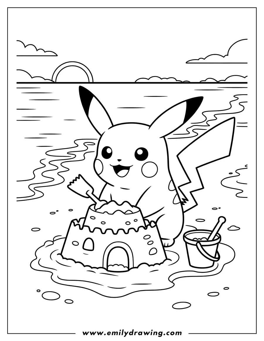 Outline of Pikachu building a sandcastle on a beach with a shovel and bucket nearby, with the ocean and sunset in the background.