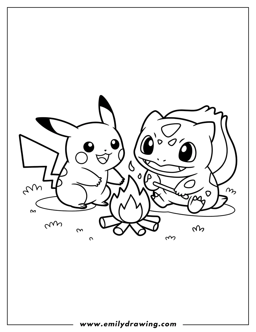 Line art of Pikachu and Bulbasaur sitting by a campfire with wood logs, with Bulbasaur holding a stick with something over the flames.