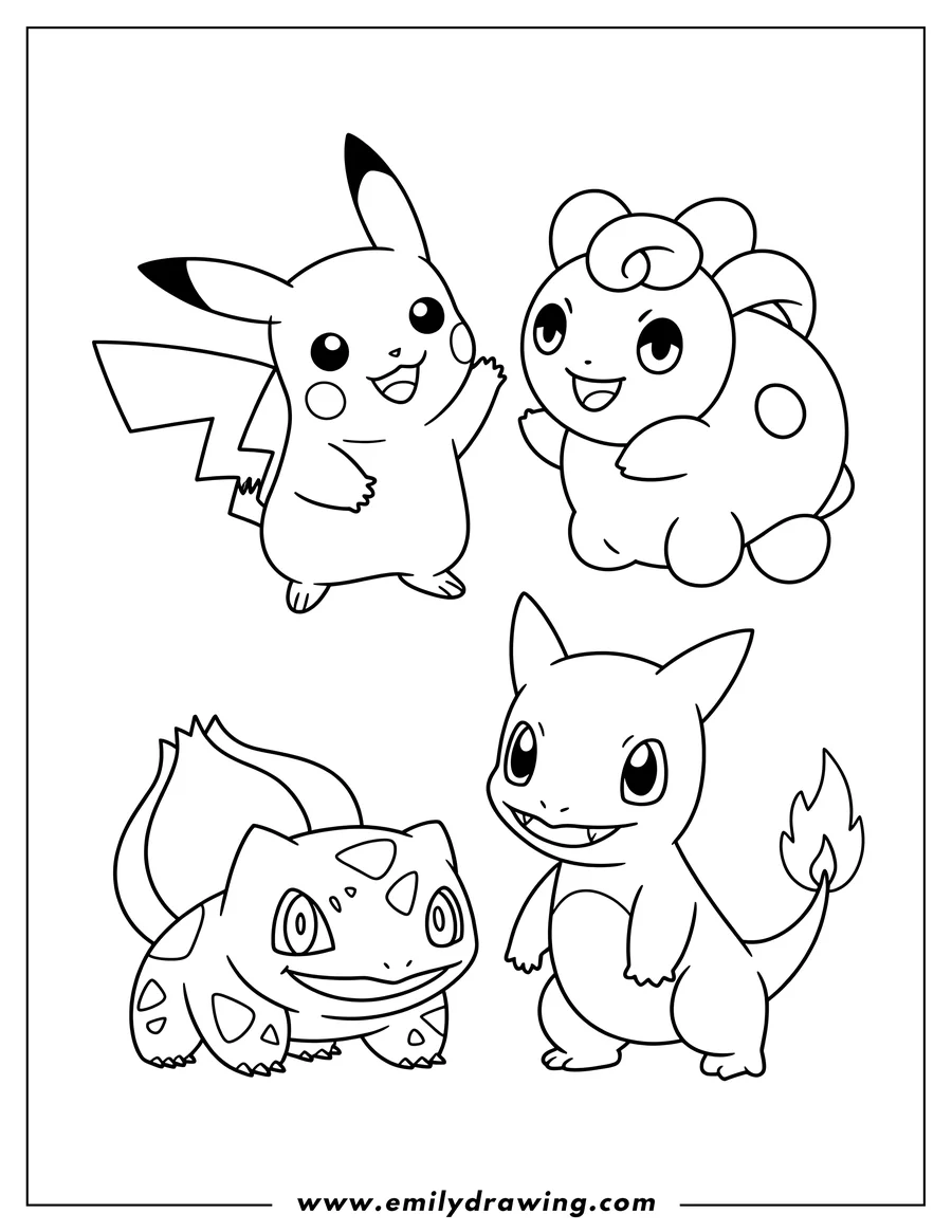 Line art of four popular Pokemon characters: Pikachu waving, Cottonee, Bulbasaur, and Charmander with a flame on its tail.