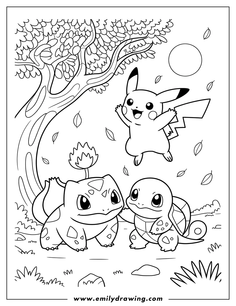 Line art of Pikachu, Bulbasaur, and Squirtle playing together under a large tree with falling leaves.