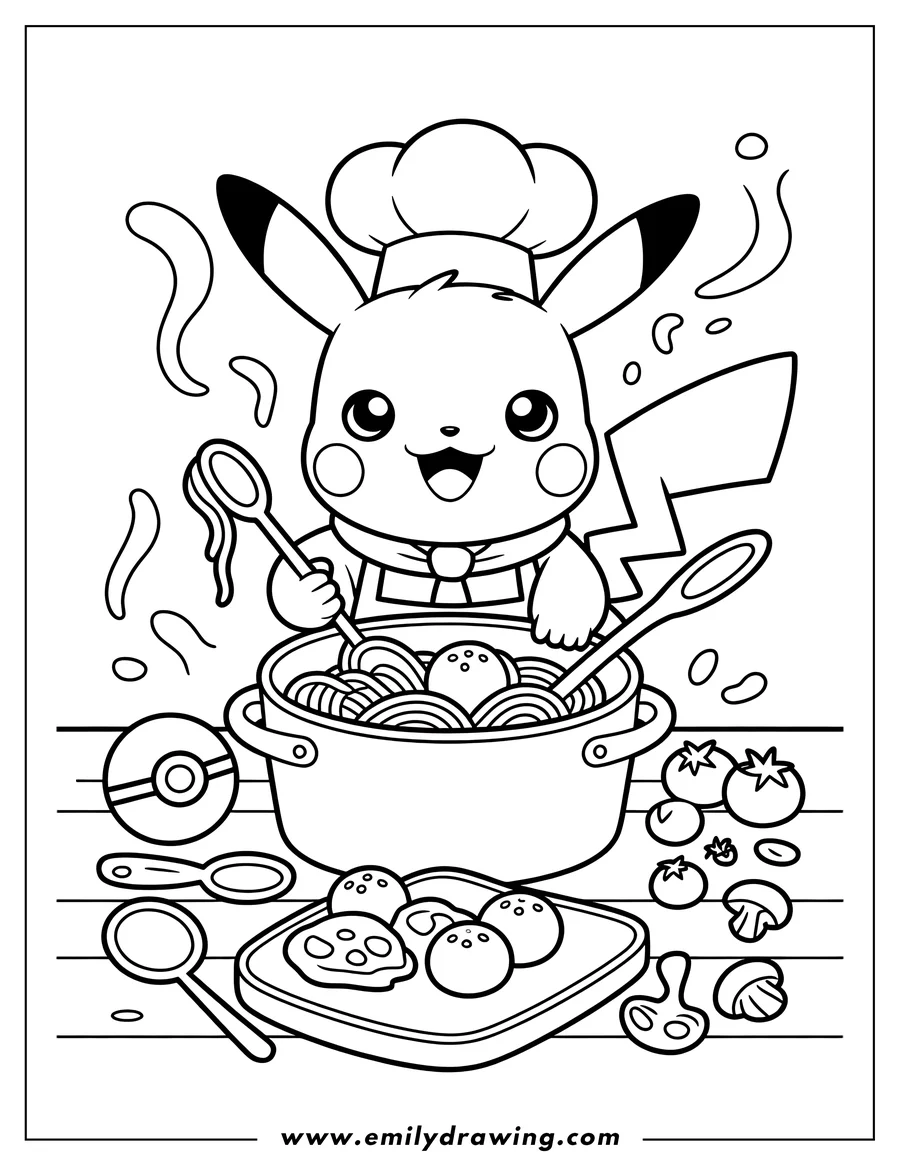 Line art of Pikachu wearing a chef's hat and apron, happily stirring a pot of spaghetti and meatballs on a wooden surface with a Pokeball, tomatoes, and mushrooms nearby.