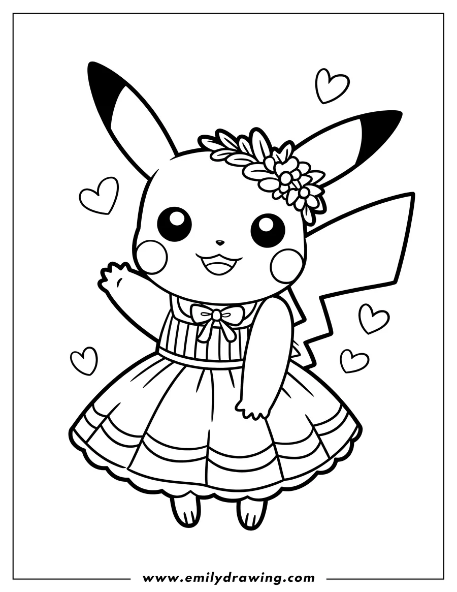Line art of Pikachu wearing a dress with a bow and a flower crown, waving hello with hearts floating around it.