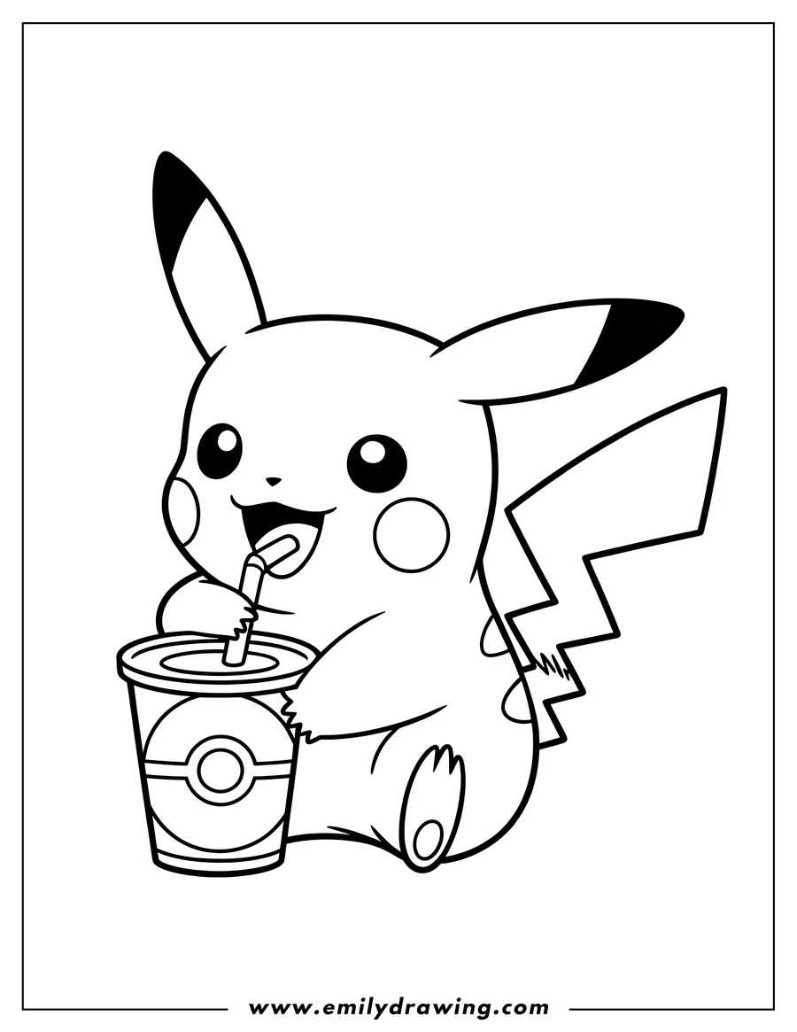 Outline of a happy Pikachu sitting and drinking from a cup with a straw