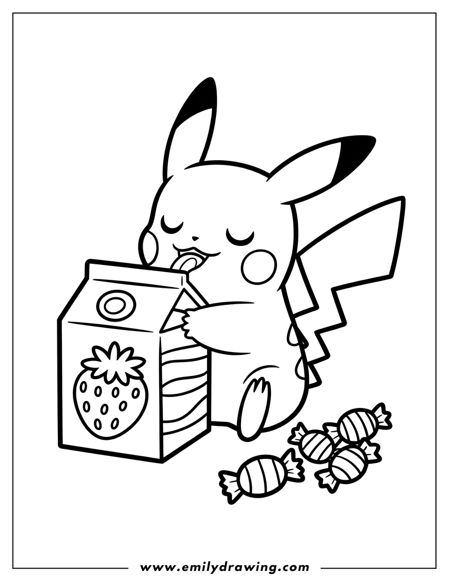 Outline of Pikachu happily drinking juice from a carton with a strawberry design, with several wrapped candies scattered nearby.
