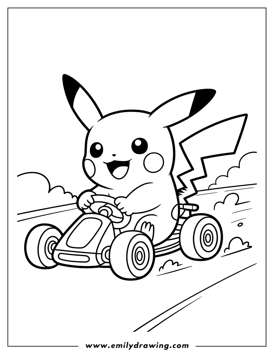 Outline of Pikachu happily driving a go-kart with motion lines and clouds in the background