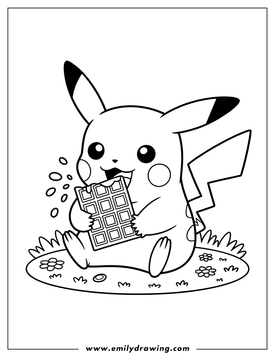 Outline of Pikachu happily eating a chocolate bar while sitting on a patch of grass with flowers.