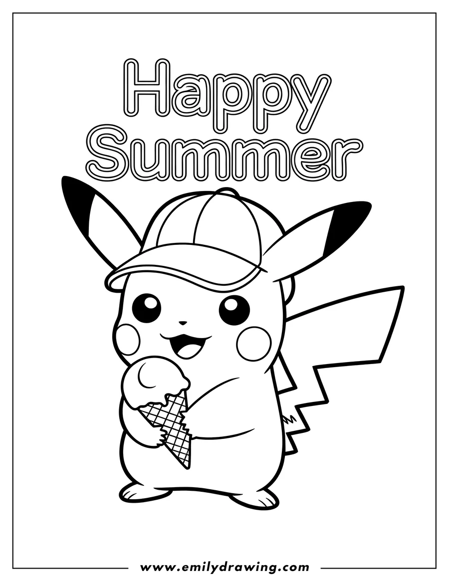 Outline of Pikachu wearing a baseball cap and holding an ice cream cone, with the words 'Happy Summer' above.