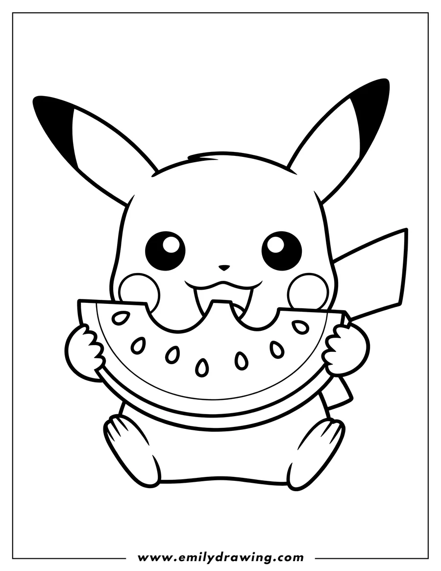Outline of Pikachu sitting and happily eating a large slice of watermelon with visible seeds and a bite taken out