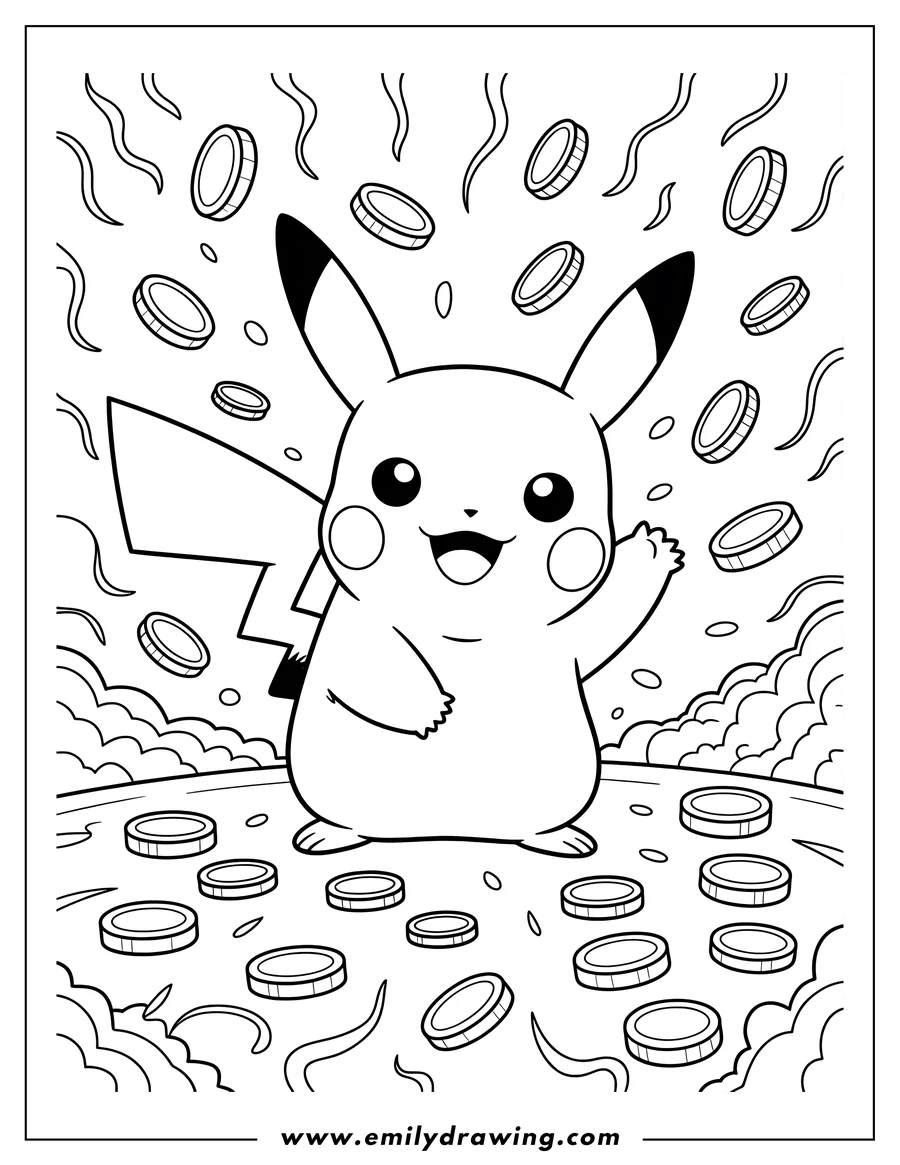 Outline of Pikachu with a happy expression, waving its right hand, surrounded by numerous falling coins and coins scattered on the ground.