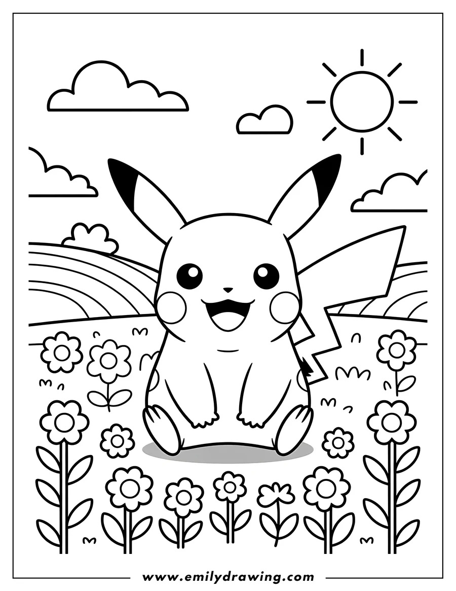 Line art of Pikachu sitting in a field surrounded by blooming flowers, with clouds and a sun in the sky.