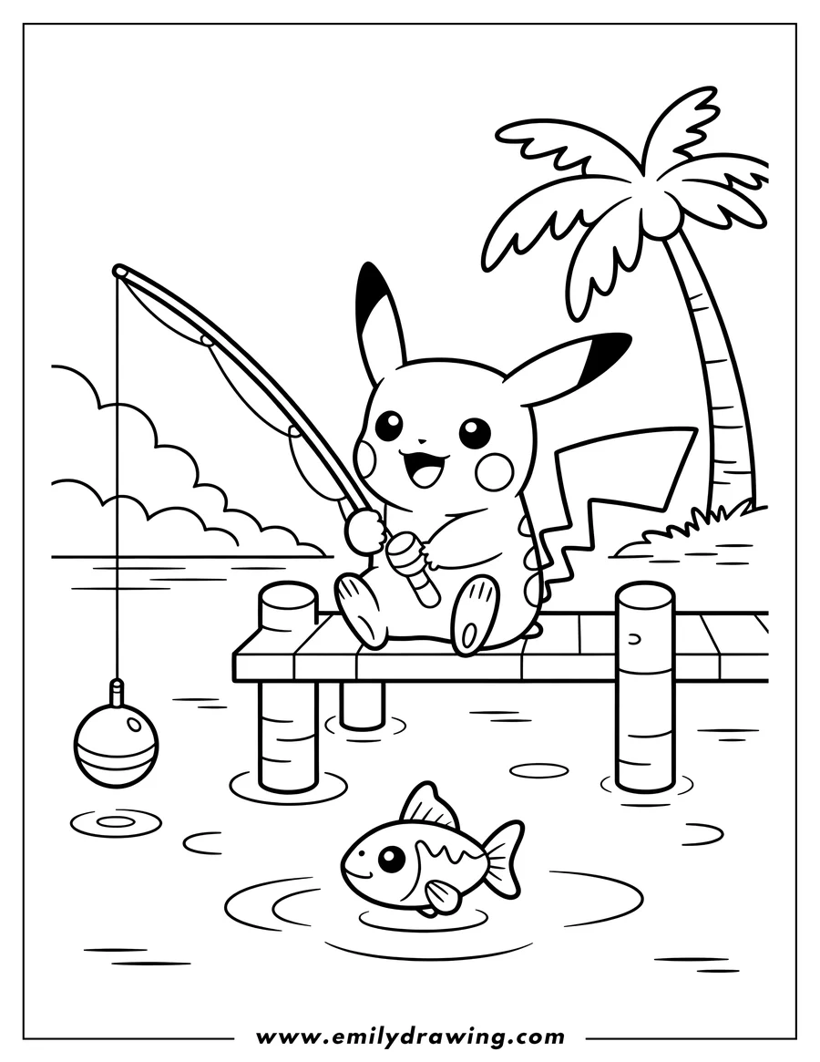 Line art of Pikachu fishing on a wooden dock with a palm tree in the background and a fish swimming in the water.