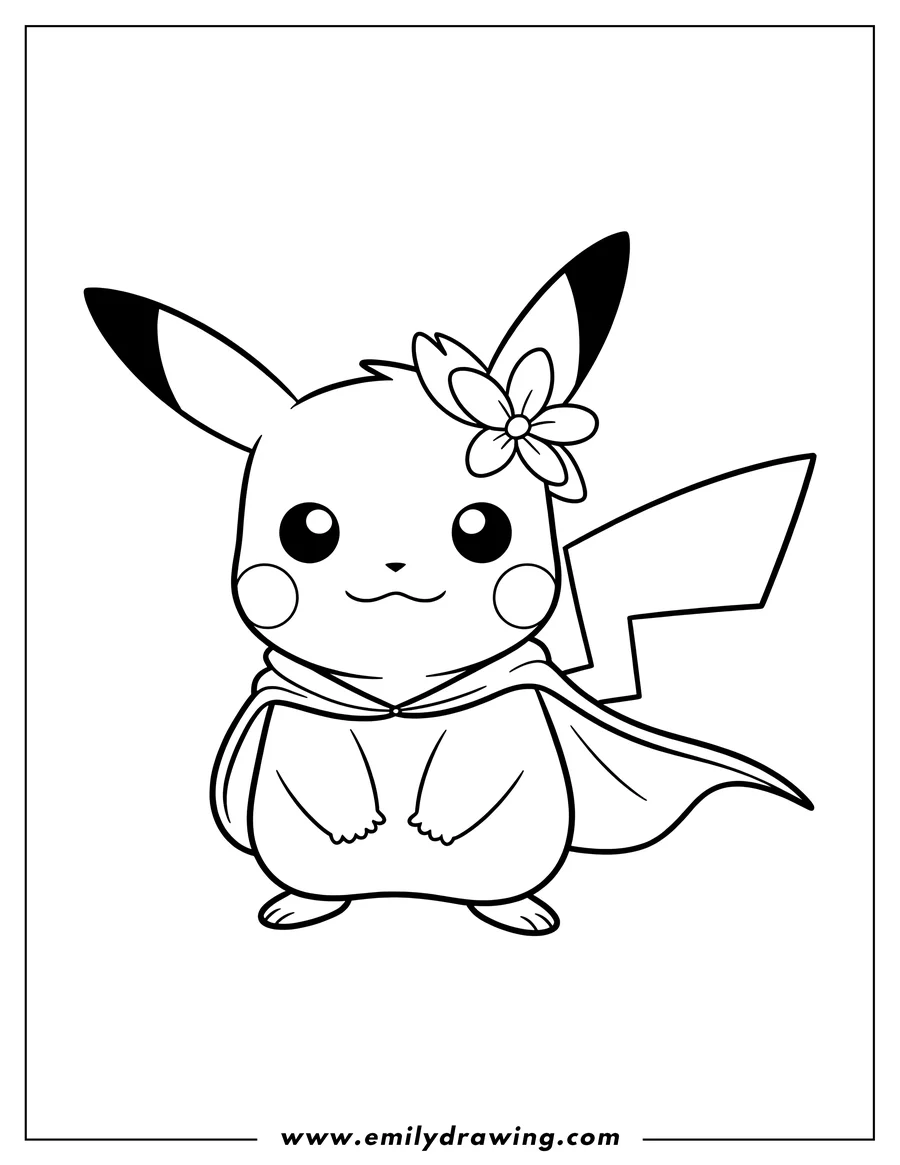 Line art of Pikachu wearing a flower behind its ear and a cape draped over its shoulders