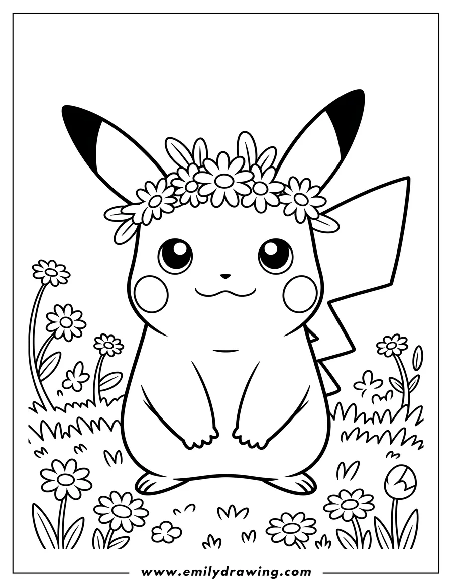 Line art of Pikachu wearing a flower crown, sitting in a field of flowers and grass.