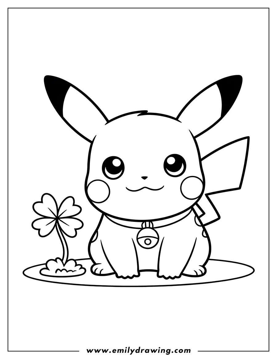 Line art of Pikachu sitting with a four-leaf clover to its left. Pikachu is wearing a collar with a bell.