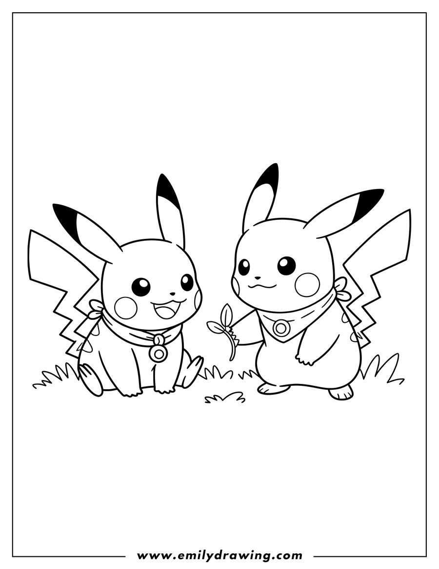 Line art of two Pikachu characters in grass, one sitting and smiling, the other standing and holding a small plant with leaves.