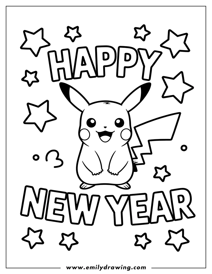 Outline of a happy Pikachu character with 'HAPPY NEW YEAR' text and scattered stars.