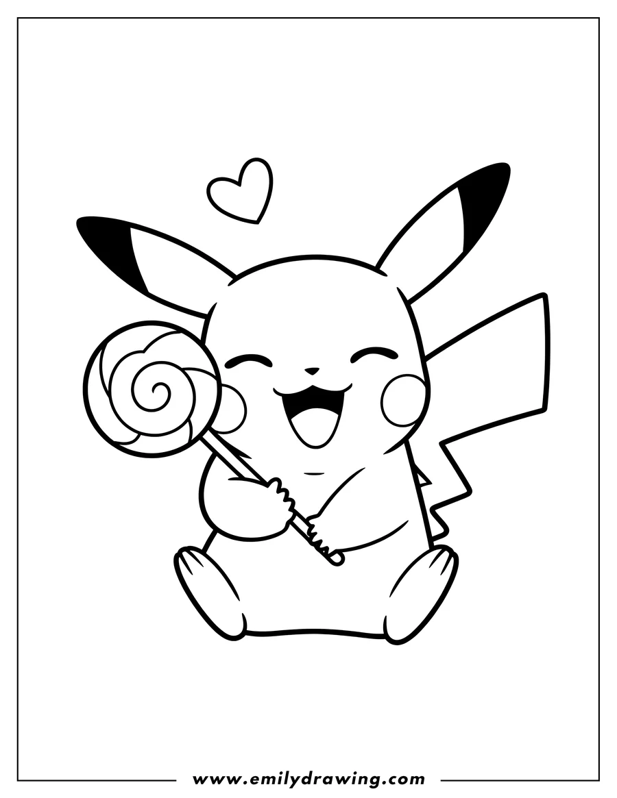 Line art of a happy Pikachu holding a swirl lollipop, with a small heart above its head.