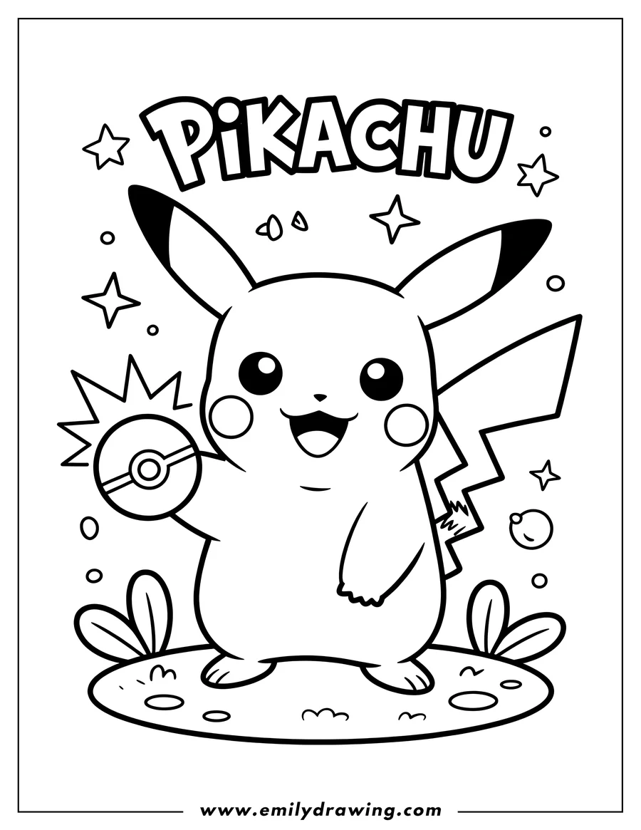 Line art of a happy Pikachu holding a Pokeball, with stars and the word 'Pikachu' in the background.
