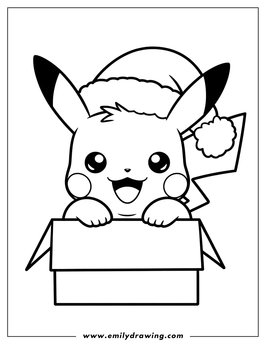Outline of Pikachu wearing a Santa hat and peeking out of an open box