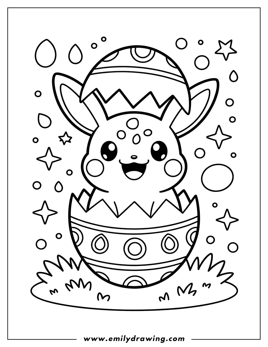 Line art of a happy Pikachu hatching from a decorated Easter egg, surrounded by stars and circles, sitting in a patch of grass.