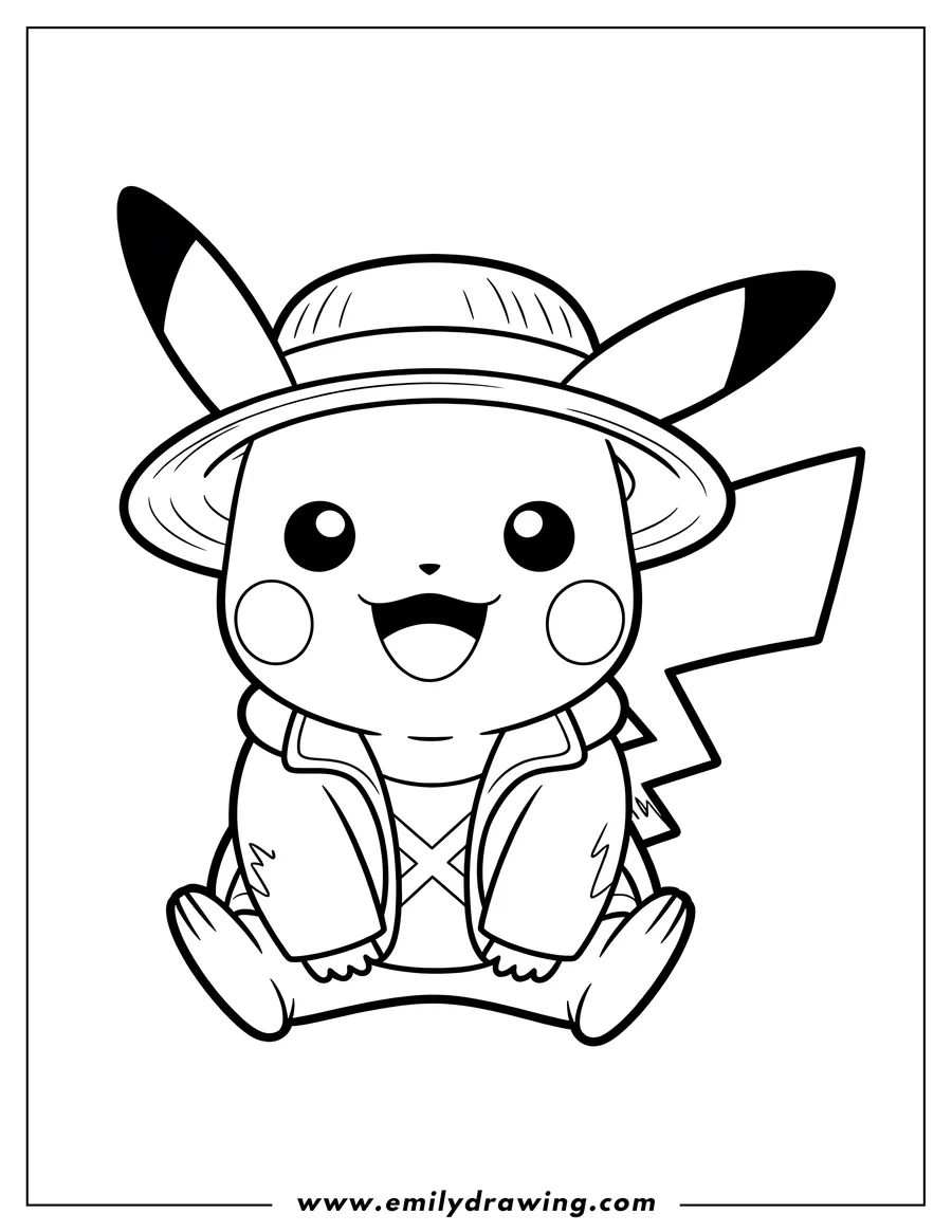Line art of Pikachu wearing a straw hat and a jacket, sitting with a happy expression.