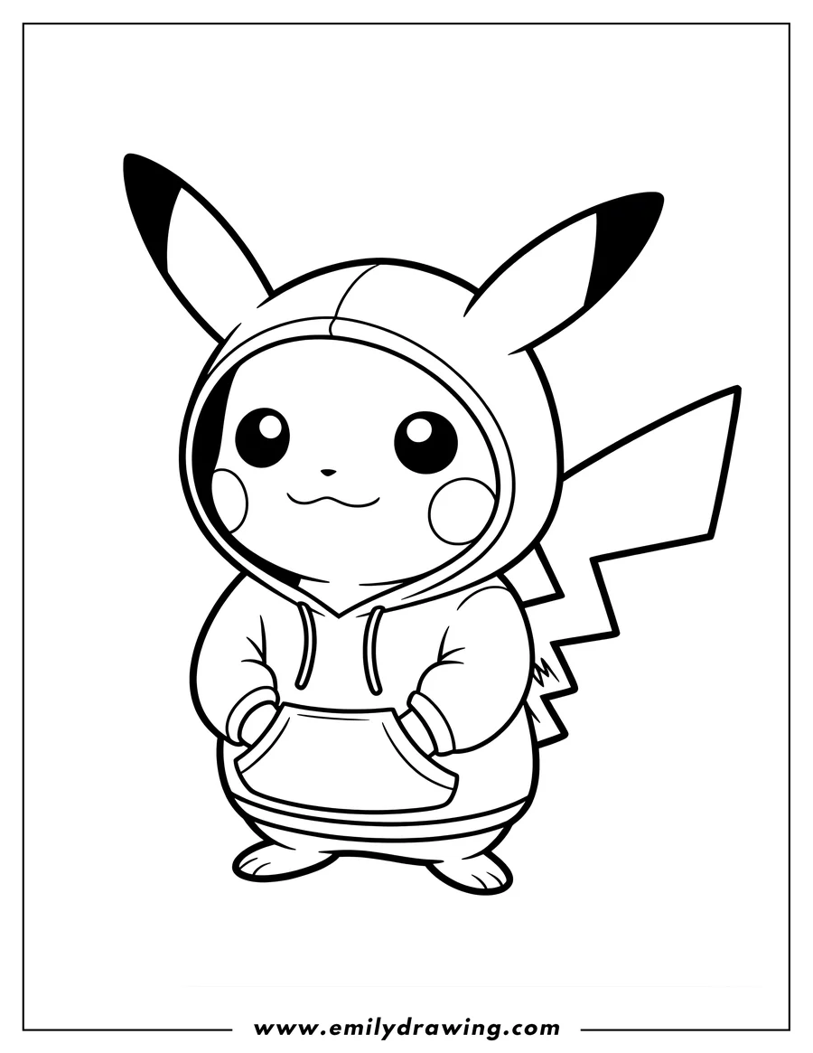 Line art of Pikachu wearing a hoodie with its hands in the front pocket