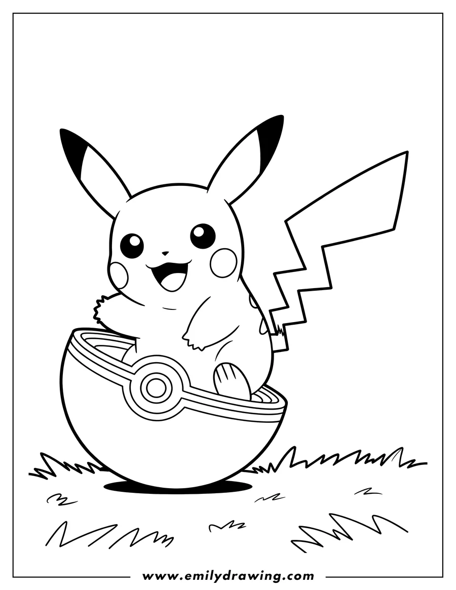 Outline of a cheerful Pikachu sitting inside an open Pokeball, with grass outlines around it.