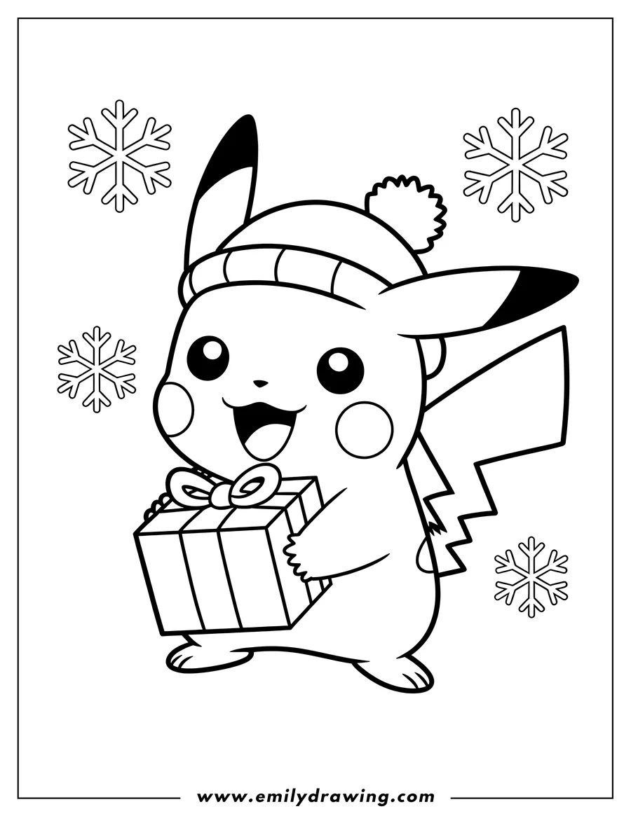 Line art of Pikachu wearing a winter hat and holding a wrapped gift, with snowflakes in the background.