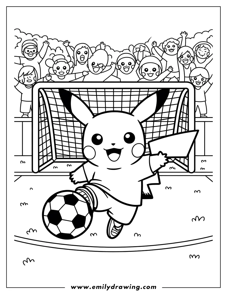 Outline of Pikachu in a soccer uniform, kicking a soccer ball towards a goal, with many cheering fans in the background.
