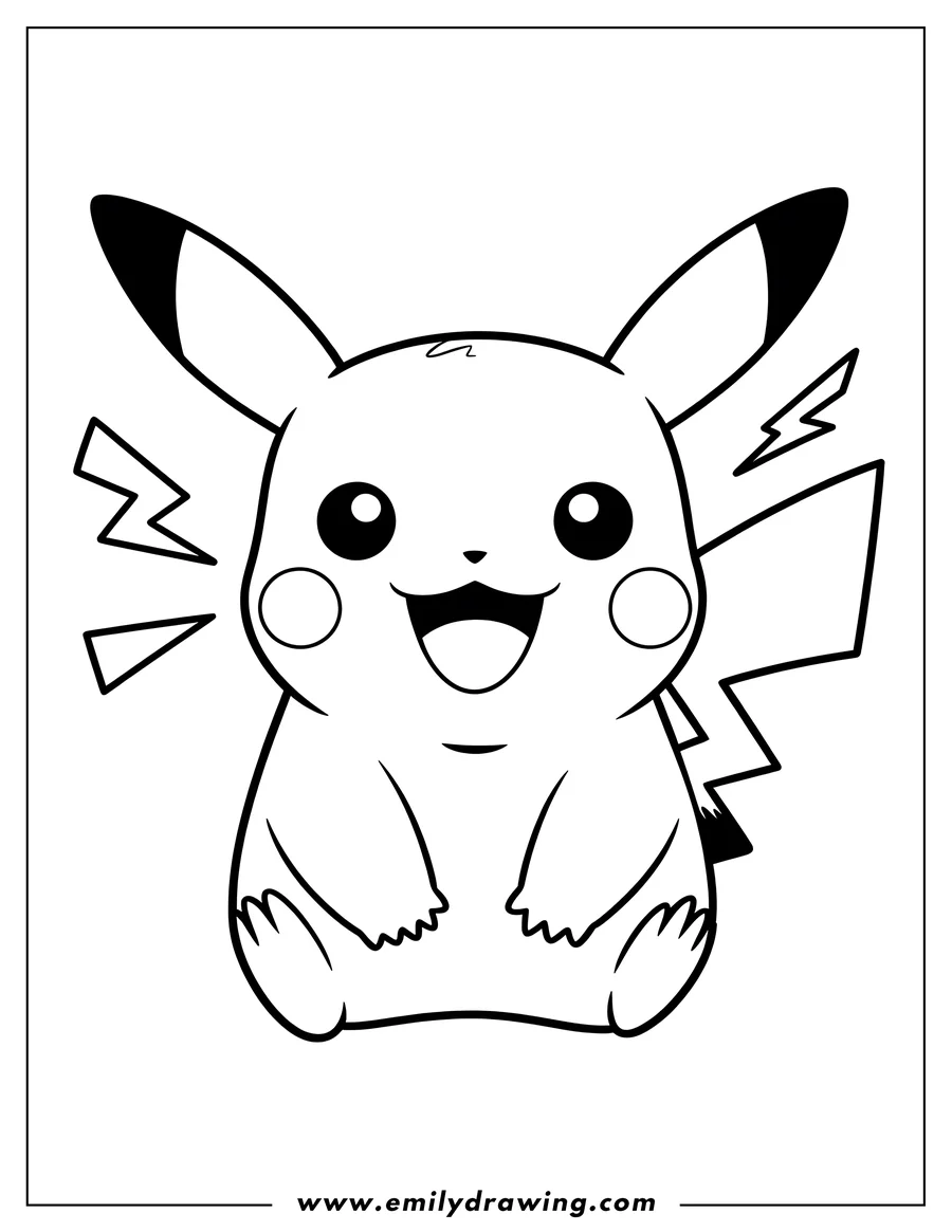 Outline of Pikachu sitting, smiling with an open mouth, and lightning bolts surrounding its head.
