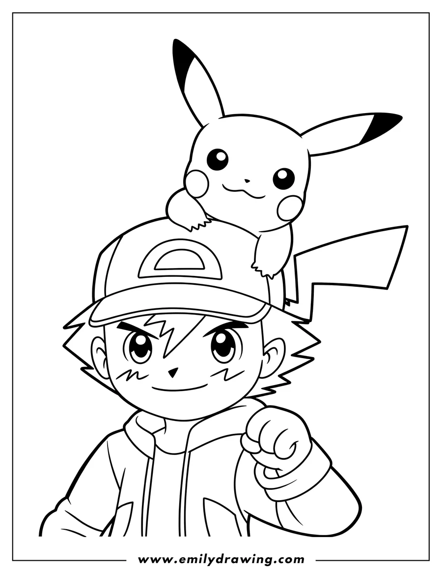 Line art of Pikachu resting on Ash Ketchum's hat, with Ash smiling and his fist clenched.