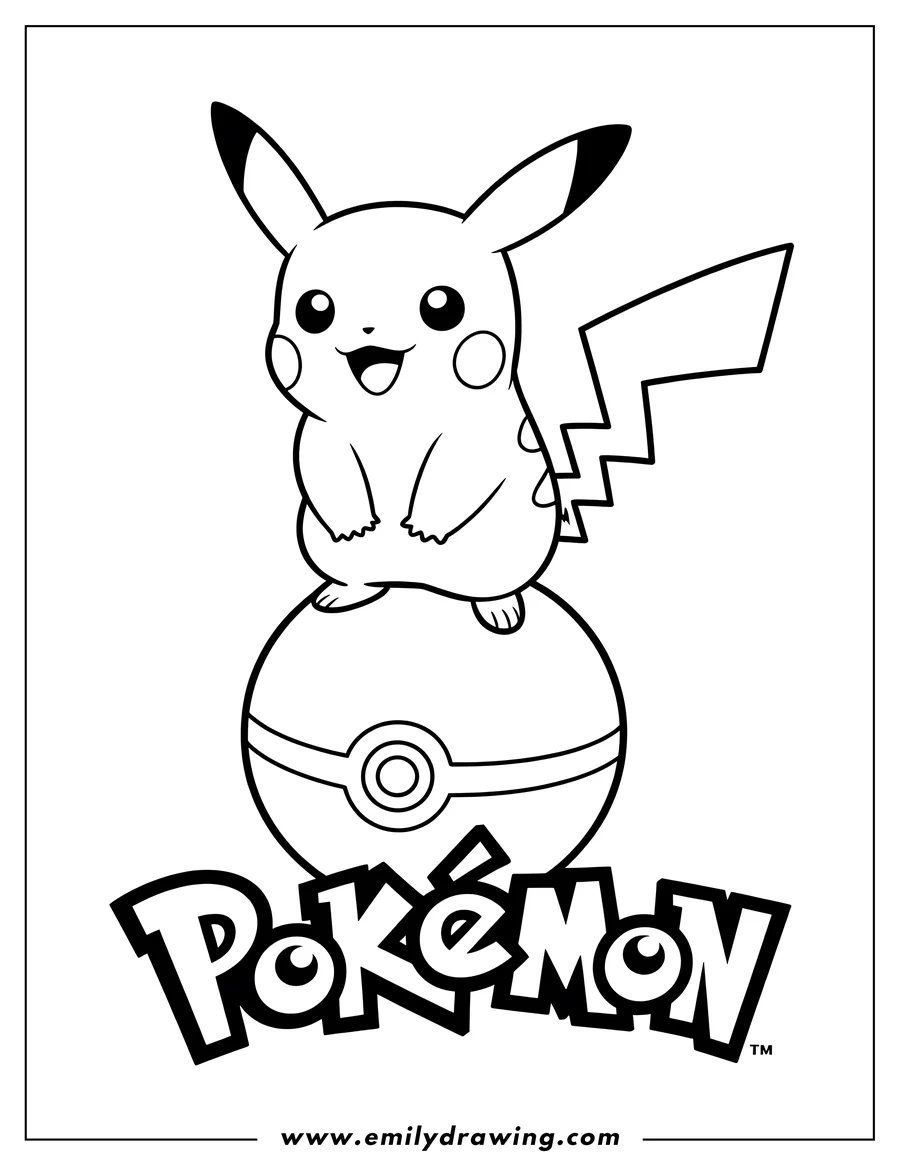 Line art of Pikachu standing on a Pokeball, with the Pokemon logo below it.